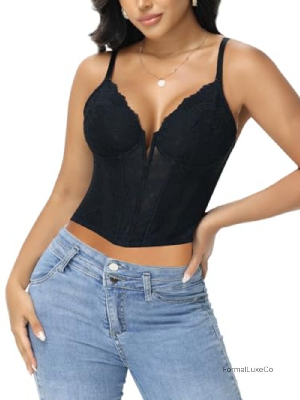 Lace Bustier Corset Top Deep V-Neck Underwire Crop Sleeveless Clubwear